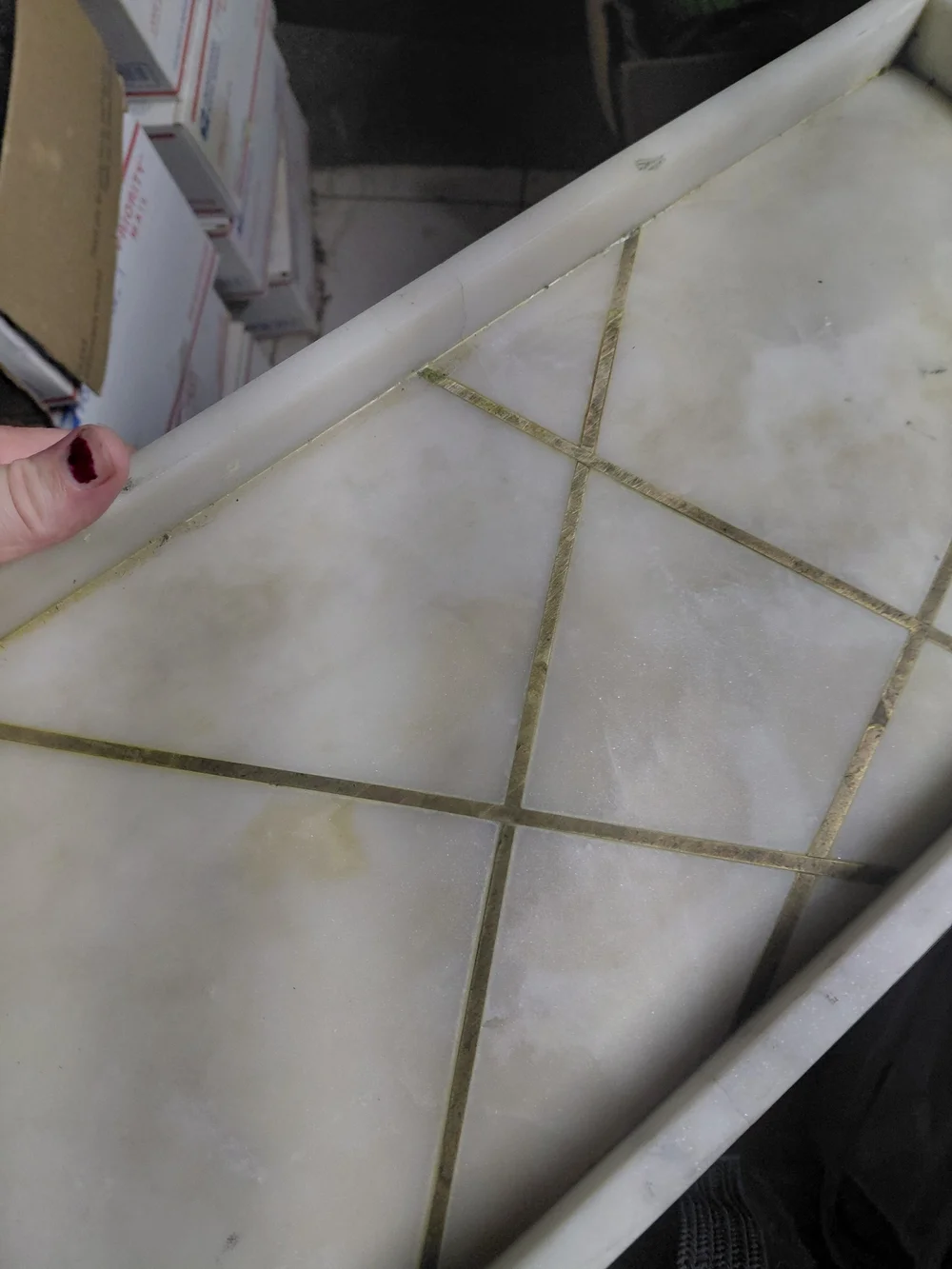 white marble tray  minimalist brass geometric inlays, 24